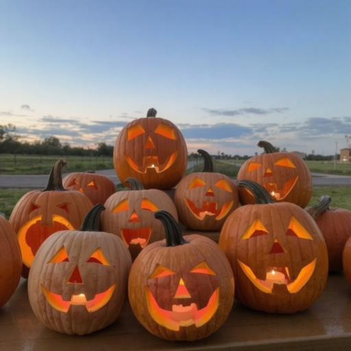 Several carved jack-o-lanterns rest on an aged picnic table outdoors, with dusk settling in the background.