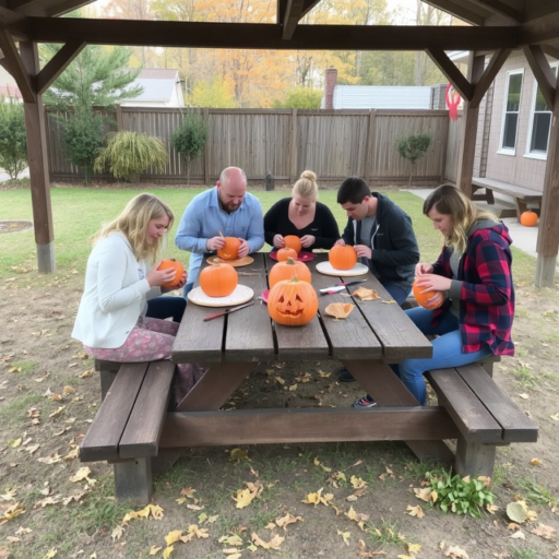 During the day, a family comes together in the backyard, gathered around a wooden picnic table. Each person is engrossed in carving their own Halloween pumpkin.