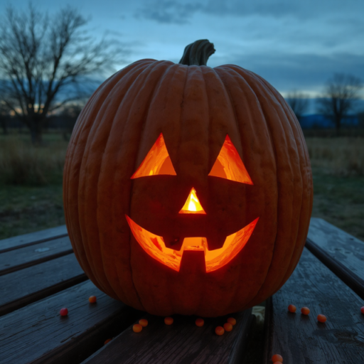 A carved pumpkin rests on an outdoor wooden table as dusk settles in. The flickering candle within illuminates the carved facial features, casting a warm glow.