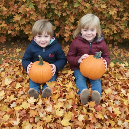 A young brother and sister are seated next to each other, each cradling a medium-sized, uncarved pumpkin. They rest atop a mound of leaves scattered on the ground, with a backdrop of a hedge brimming with autumn-hued foliage. The siblings beam at the camera with smiles.