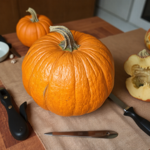 A vivid orange, sizable pumpkin rests on a tabletop, poised for Halloween carving. Arrayed beside the pumpkin are various carving instruments.