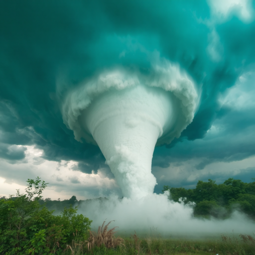 A vast, dark tornado twists above a forest, wreaking havoc on the ground beneath it.