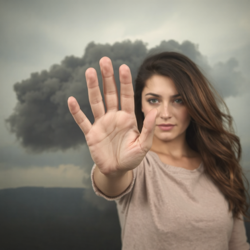 A brunette woman with long, flowing hair, dressed in a beige t-shirt, extends her arm towards the camera, signaling us to halt our fears.