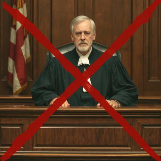 A male judge in his robe sits at his bench, staring straight at the camera with a stern face, and an American flag behind him on a flag stand. The bench and wall behind him are paneled in dark mahogany wood. A huge red X is displayed across the entire image.