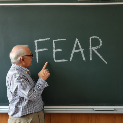 An older male professor points to a chalkboard with the word FEAR written on it in chalk. He is dressed in a blue and white gingham dress shirt and khaki slacks.