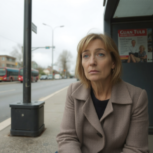 A middle-aged woman with short blonde hair is seated at a bus stop, awaiting her ride. She's clad in a heavy wool coat and sports a forlorn expression. In the background, the blurred image of a city street sets the scene.