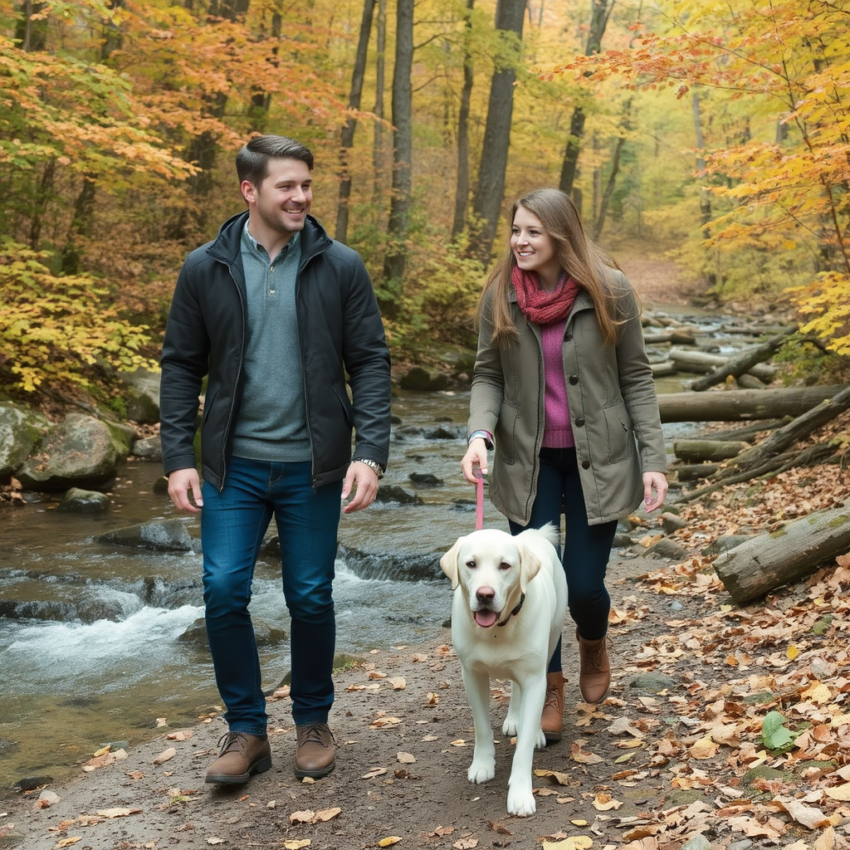 A young man and woman, clad in winter attire, stroll with a white Labrador Retriever through a forest adorned with autumn colors, alongside a gently flowing brook.