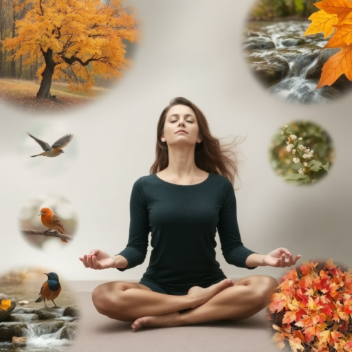 A brunette young woman in her early twenties is dressed in a black leotard, sitting cross-legged and meditating. Her hands are facing upwards, and her eyes are closed in meditation. Around her, there are birds, the image of a babbling stream, a white flower in bloom, and leaves in autumnal colors.