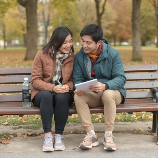 A young Asian couple sits side by side on a brown wooden bench in a park, with a walking path beside them. The backdrop features fall trees and colors in a soft blur. The man is holding a pad of paper, and the woman has a pen in one hand, both reviewing what they've written prior to a mindful walk.