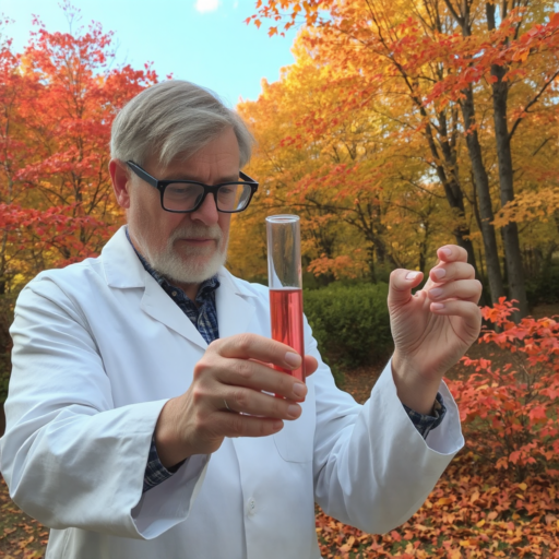 A man in his sixties, dressed in a white lab coat over a plain collared shirt and sporting black-rimmed glasses, grips a large test tube filled to three-quarters with a pink substance. He is positioned in the midst of a forest, enveloped by the vibrant colors of fall foliage and plentiful shrubbery.