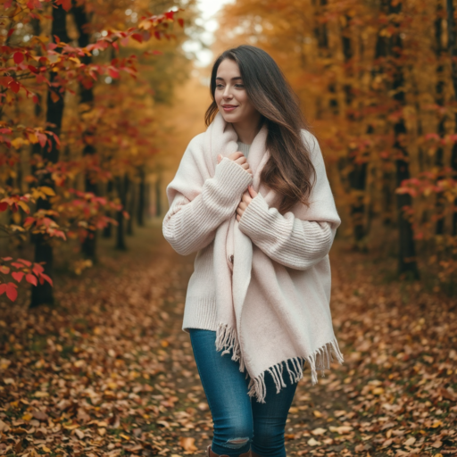 A young woman with long, light brunette hair cradles a pale pink wool wrap over the white sweater she's snugly wearing while strolling through a brightly colored forest in the cool autumn weather. A subtle smile graces her face, indicating her enjoyment of the walk. She's clad in dark blue jeans, one knee fashionably torn.