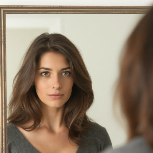 A beautiful brunette woman in her 20s gazes at her reflection in a mirror. The mirror boasts a gilded gold frame, and she is adorned in a V-neck blouse of a muted gray hue.