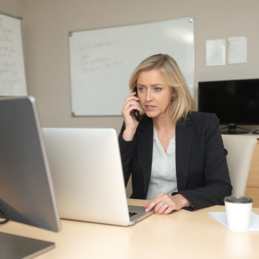 A woman in her 40s, blonde with shoulder-length hair, is seated at a computer. She's dressed in a black blazer and a white collared blouse, speaking on the phone with one hand while using the other to operate the computer.