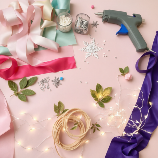 A pink surface accentuates the array of craft supplies, including ribbons, strings, artificial leaf branches, twinkle lights, a hot glue gun, paper punches, and glitter.