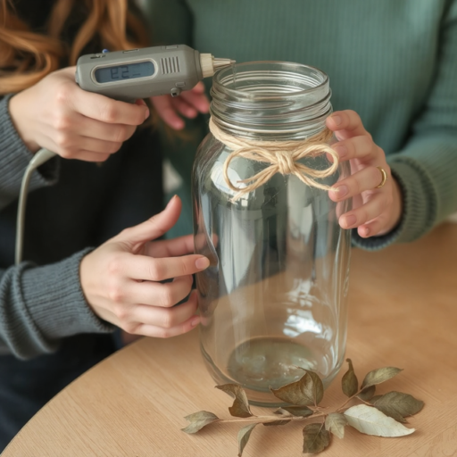 Two individuals' hands are depicted utilizing a glue gun to fasten twine around a sizable glass jar. A sprig of dried leaves rests upon a white maple table.