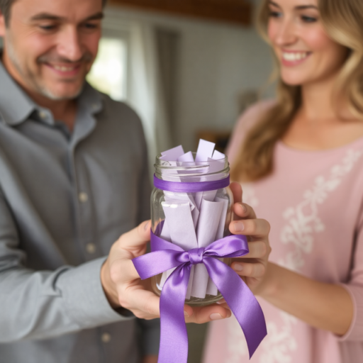 A man in a grey dress shirt grins beside a woman clad in a pink blouse, each clutching a transparent glass jar brimming with folded slips of pale lavender paper. Encircling the jar's center is a silky purple ribbon, neatly tied into a bow.