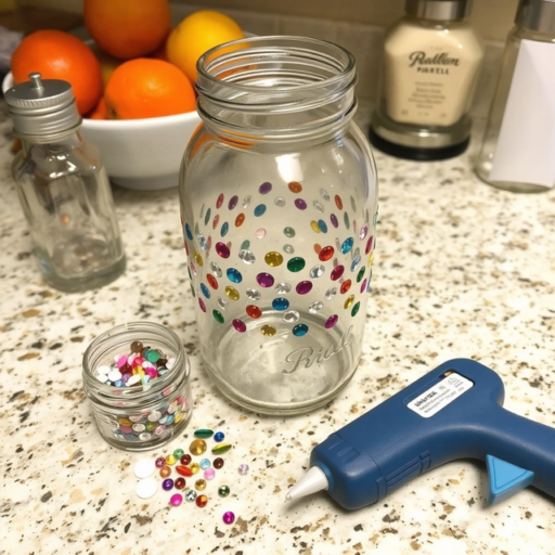 On a granite kitchen countertop sits a clear glass mason jar adorned with colorful craft rhinestones. A hot glue gun rests to one side of the counter. In the background, a fruit bowl cradles oranges, and a salt and pepper shaker stand on the opposite side.