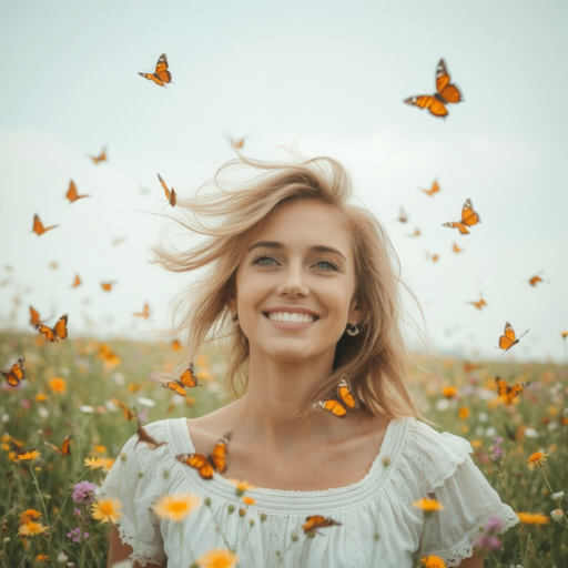 A young blonde woman with shoulder-length hair smiles as she sits amidst a field of wildflowers, surrounded by Monarch butterflies.