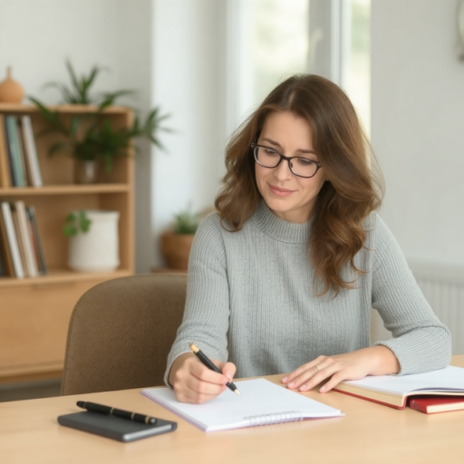 A light brunet woman in her 30s sits at a white oak wooden desk with pen in hand jotting on a notepad.