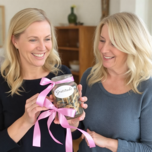 A blonde mother and daughter are smiling as the mother presents her daughter with a gratitude jar adorned with a label and a pink ribbon. The mother is dressed in a dark gray long-sleeved sweater, while the daughter wears a three-quarter sleeve black cotton blouse.