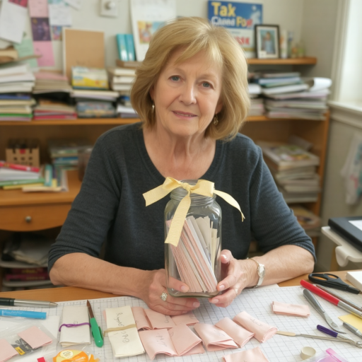 A woman in her sixties is seated at a desk in her home office, which is lined with shelves. She is presenting a gratitude jar she crafted herself and is smiling warmly at the camera.