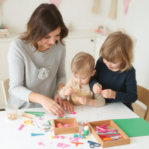 A brunette-haired mother and her two small blonde-haired children are sitting together at a small table, decorating with crafts, colors, and various creative items.