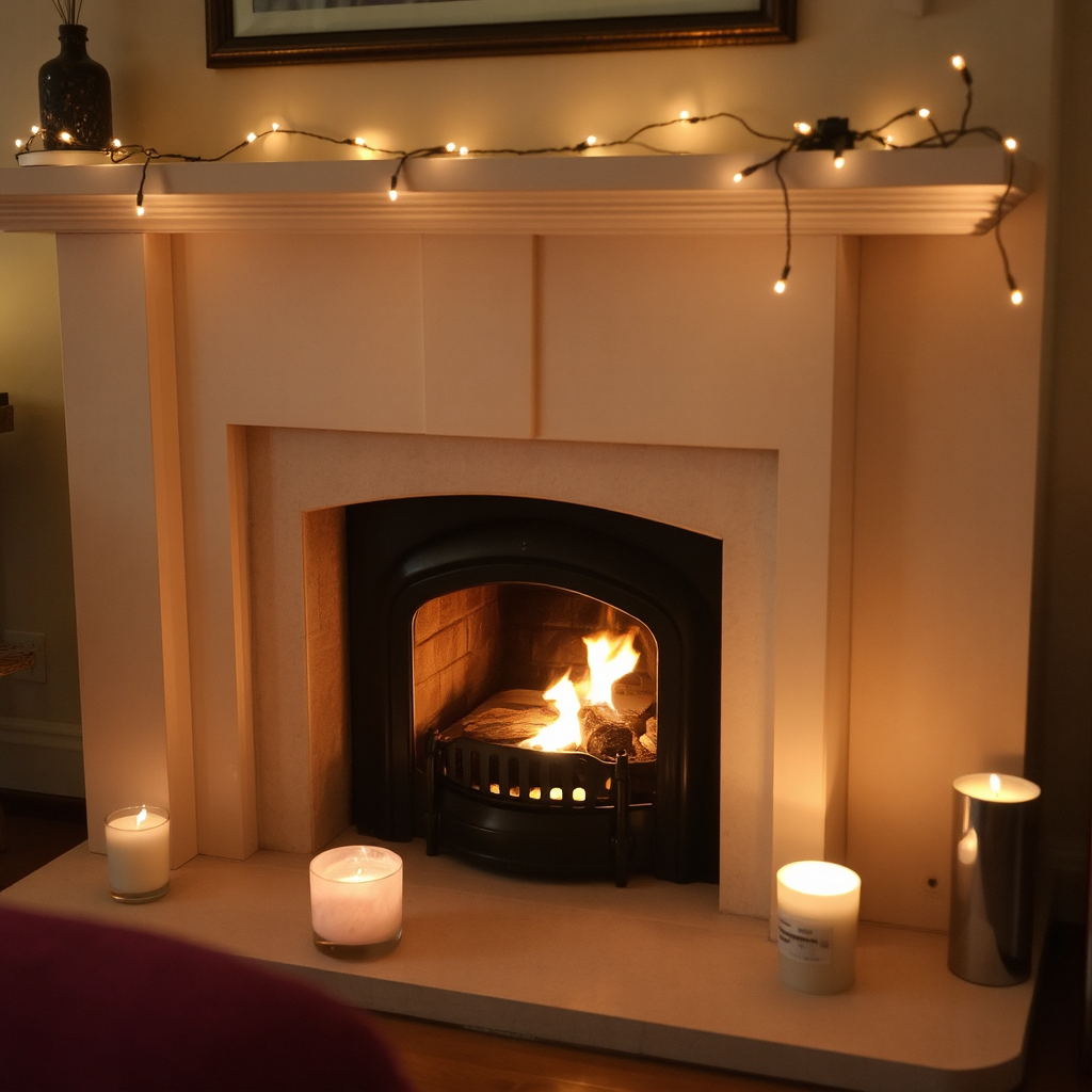 A spacious white wooden fireplace, burning brightly, features lit candles on the hearth and a delicate string of white lights draped across the mantel.