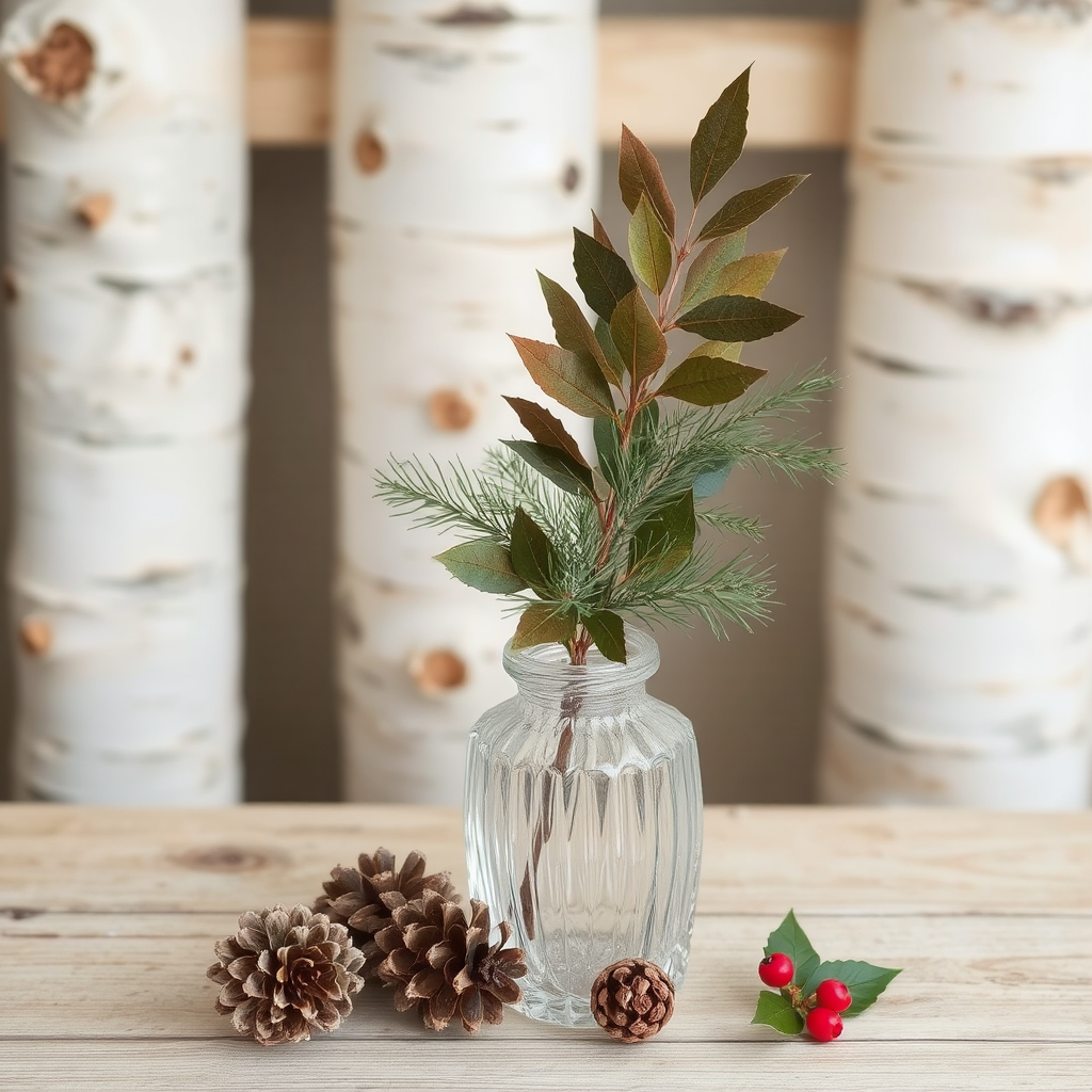 A weathered wooden table showcases a clear crystal vase holding a fresh wintergreen sprig protruding from the top. Beside it, a twig of holly berries and three pinecones rest on the table. In the background, three blurred birch tree trunks are visible.