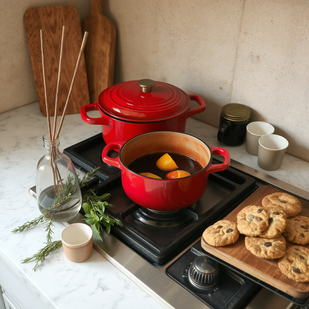 A light granite countertop encircles a professional black gas grill. In the corner, a pair of dark oak wooden cutting boards lean against the wall. Two red Dutch ovens simmer with mulled wine on the burners. Nearby, a plate holds a freshly baked batch of chocolate chip cookies. Sprigs of fresh herbs and a jar of incense sticks are within easy reach.