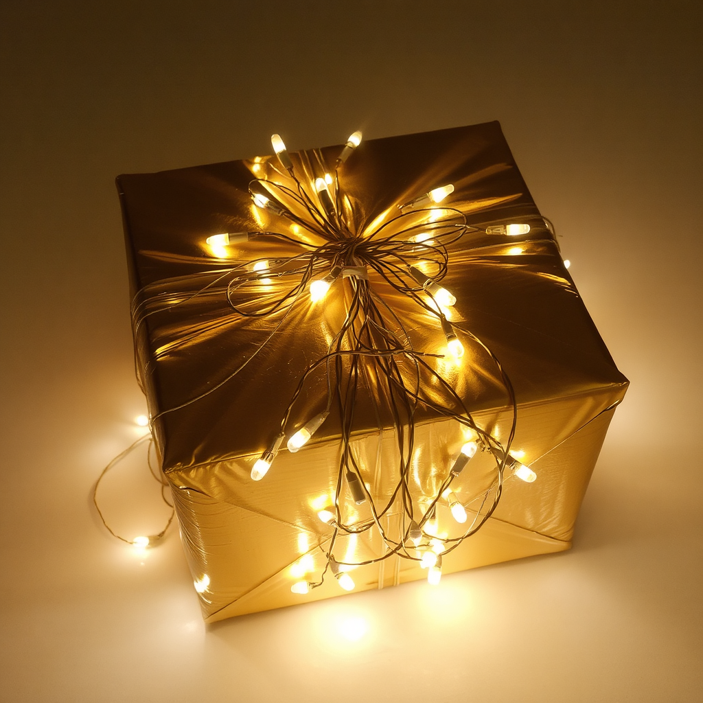 A gold-wrapped box adorned with battery-operated fairy string lights intertwined into bow around the gift sits in a dimmed environment. The lights are on, illuminating the box against a simple beige tabletop.