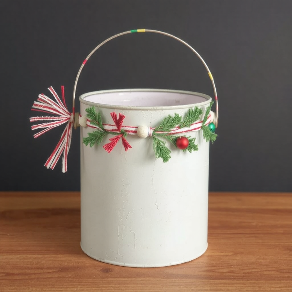 A white metal paint can serves as a gift container. Red and white pipe cleaners are crafted into a bow on one and around the top of the paint can, where small ornaments and greenery are affixed for additional color.