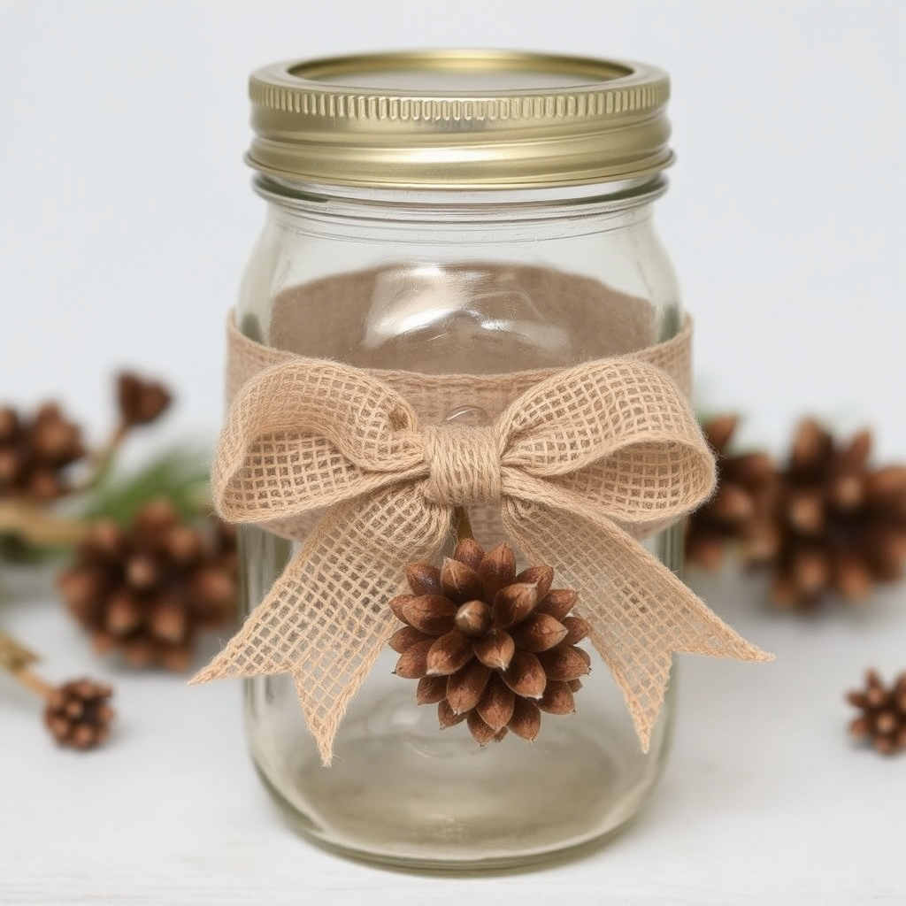 A standard clear glass mason jar is presented with a brass-colored metal lid. Around the jar is a burlap ribbon tied into a bow on the front, adorned with a small brown pinecone. A white backdrop highlights blurred additional pinecones and greenery behind the mason jar.