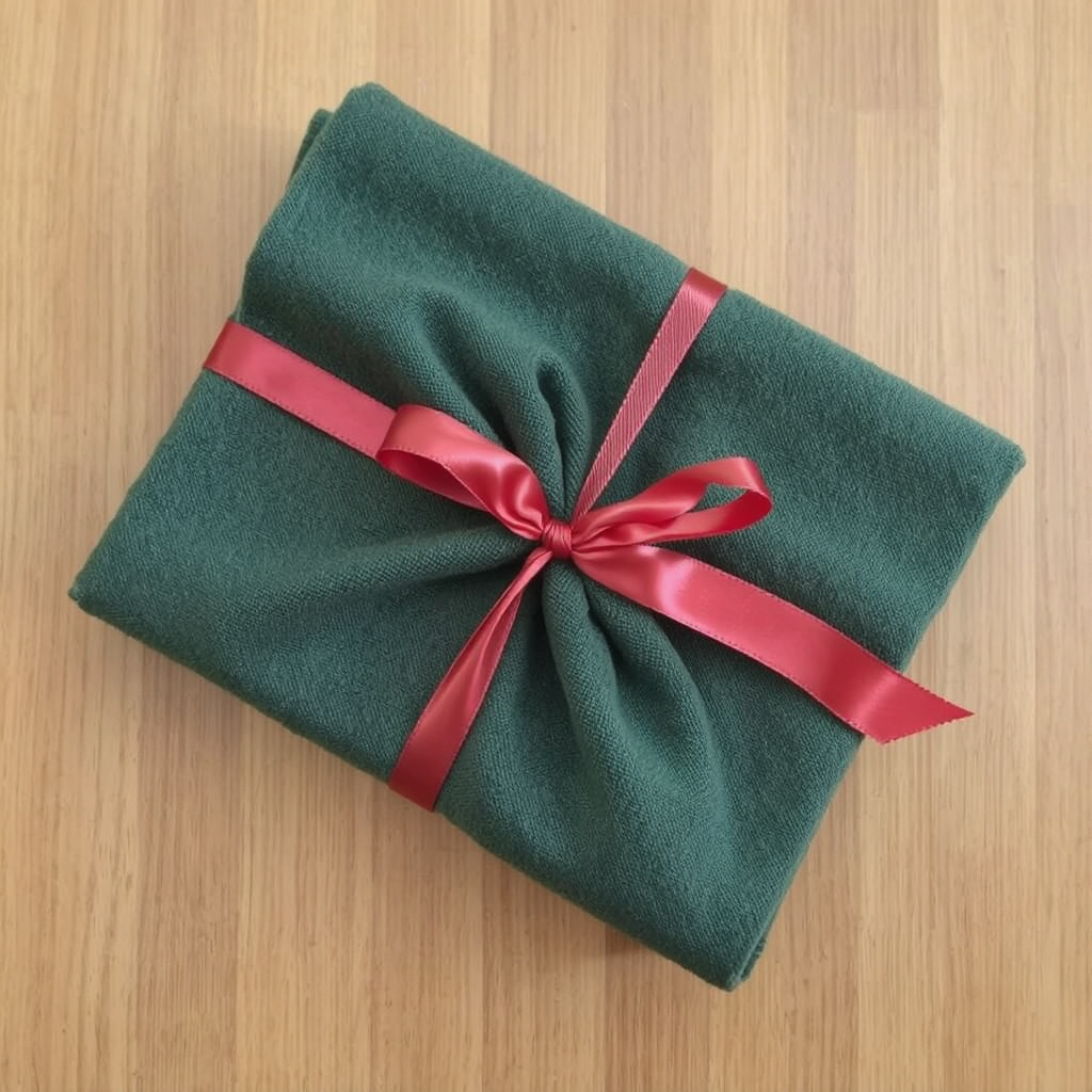 A dark green cloth napkin is wrapped around a thin rectangular object, with a red satin ribbon tied delicately around it for presentation. The finished product rests on an oak-colored table.