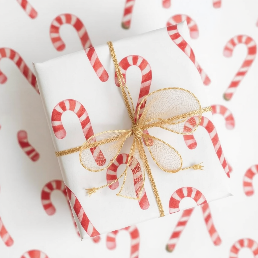 A white wrapped gift is wrapped in a gold mesh thin ribbon. The paper has been stamped all over with red and white candy canes as a decoration.