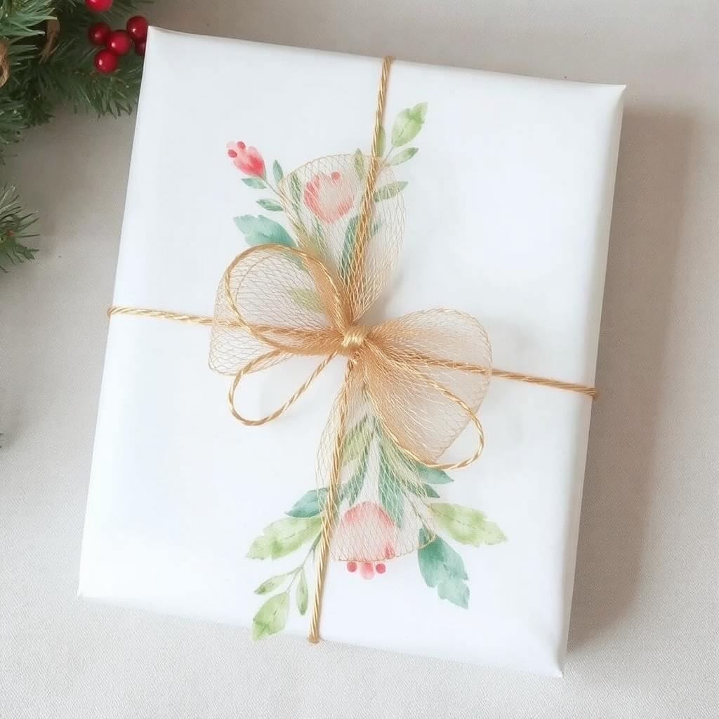 Watercolor designs of a branch with leaves in various shades of green, along with pink and red flowers, are displayed on white plain wrapping paper fitted with a gold mesh ribbon on the gift.
