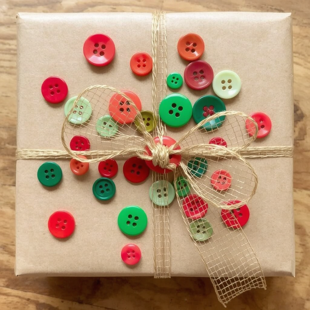 A brown paper-wrapped gift is tied with a natural mesh netting bow and several green and red buttons are glued onto the top of the gift