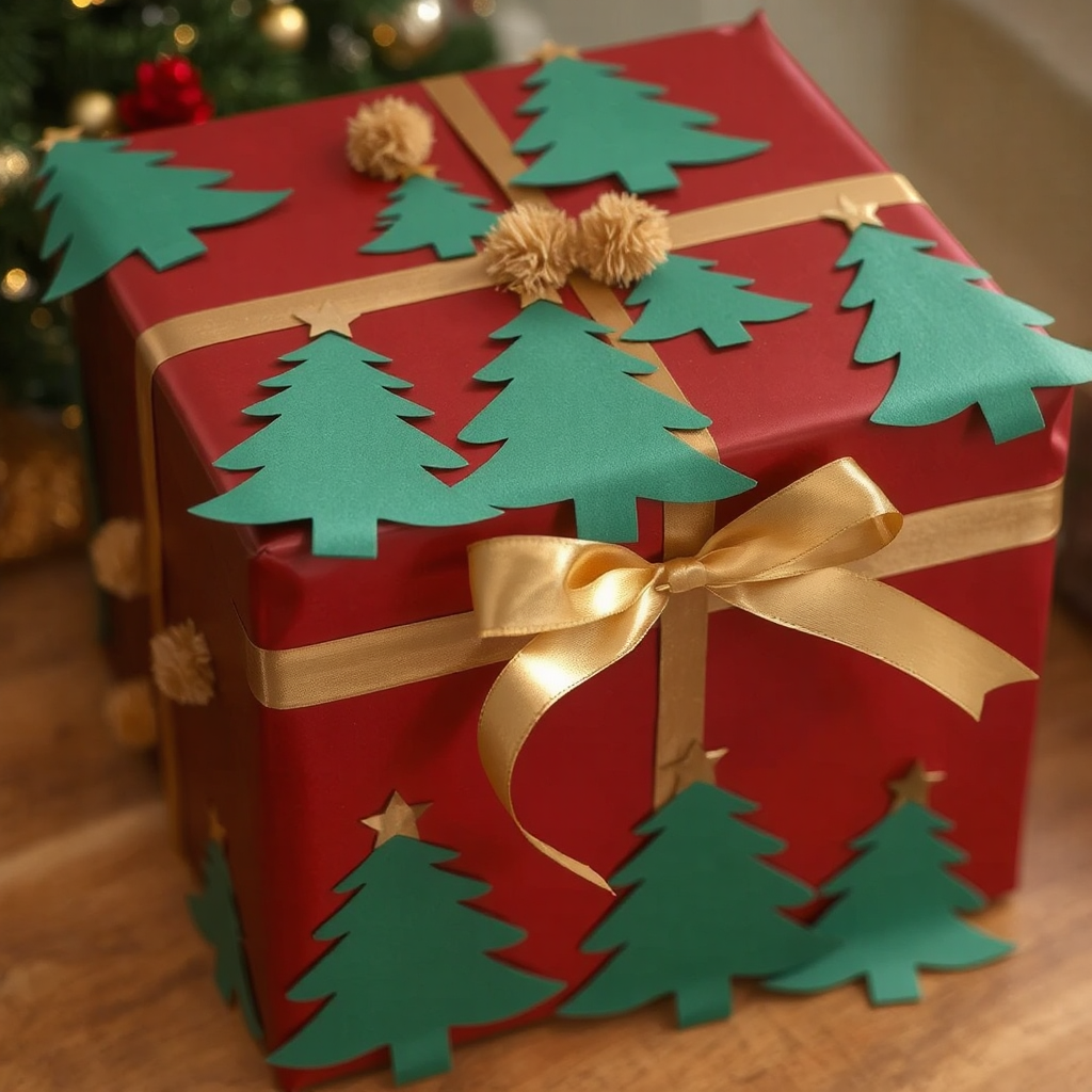 A bright, deep red wrapped box is adorned with a shiny satin gold ribbon, gold-colored miniature pompoms and bright green paper Christmas tree cut-outs glued onto all sides of the gift.