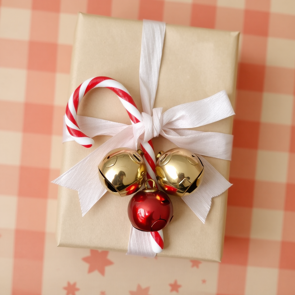 A gift wrapped in gold paper adorned with a white cloth ribbon, a red and white candy cane and three jingle bells are tied into the bow The package sits atop a pink and white plaid tablecloth.