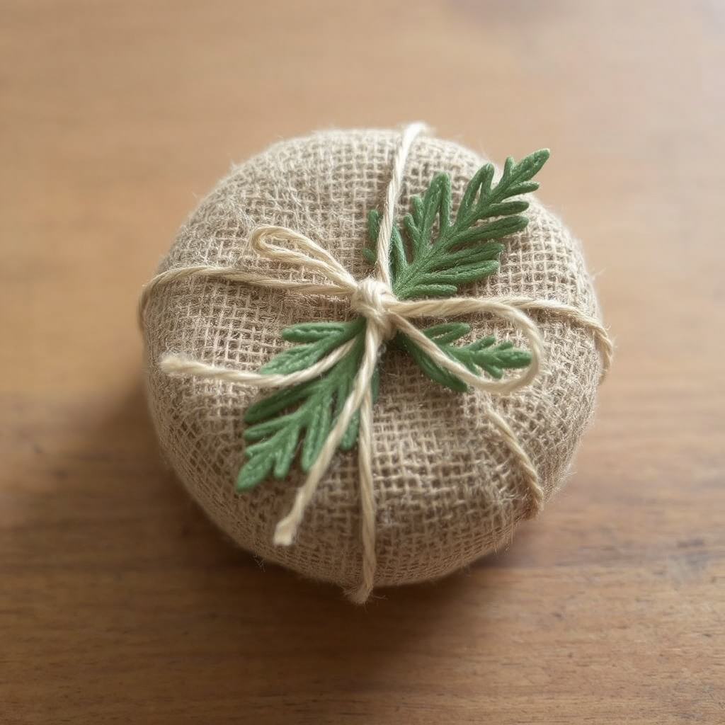 A small, round gift is wrapped in burlap cloth, with fresh sage leaves peeking out from under a natural twine bow tied around the item on top.