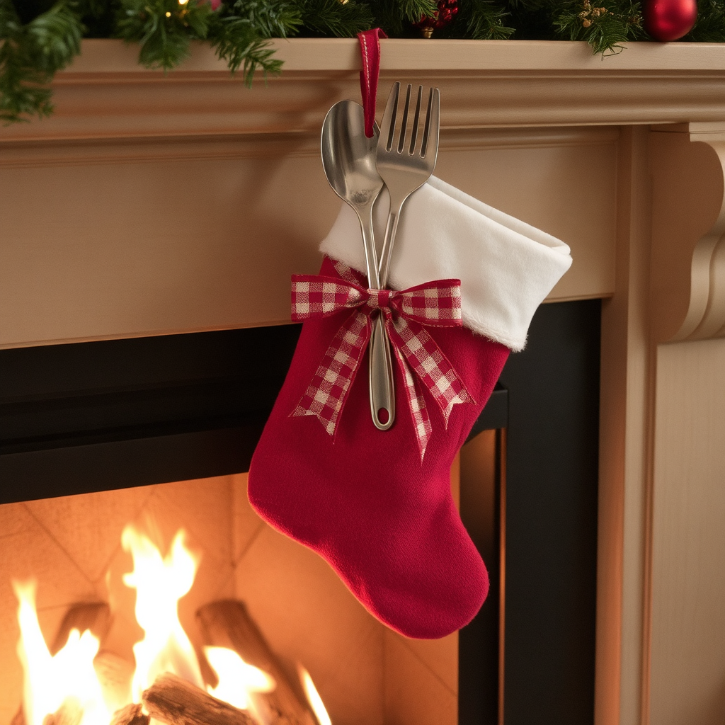 A red holiday stocking with a white fold-over hangs from a beige-colored fireplace. A fire burns in the hearth, and a red and white plaid bow with a silver fork and spoon is tied onto the stocking. The top the mantle is partially visible and is adorned with greenery, lights, and ornaments.