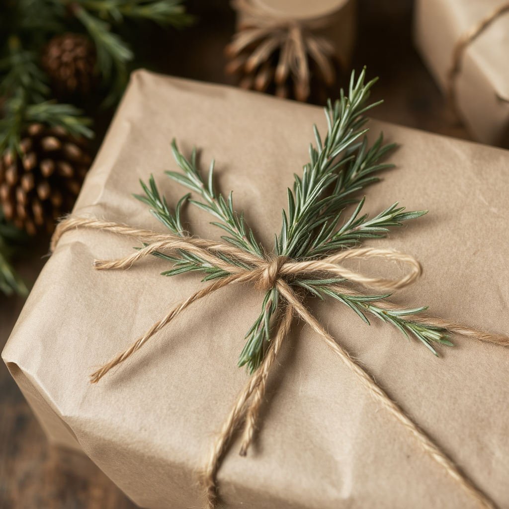 A brown paper-wrapped package tied with twine and fresh rosemary sprigs in the bow sits on a table, with blurred pinecones and greenery visible in the background.