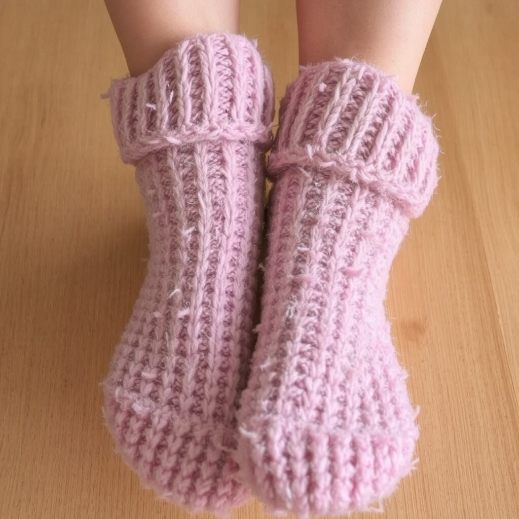 The legs a woman from her shins downward, are adorned with fluffy pink winter socks, set against a white maple wood.