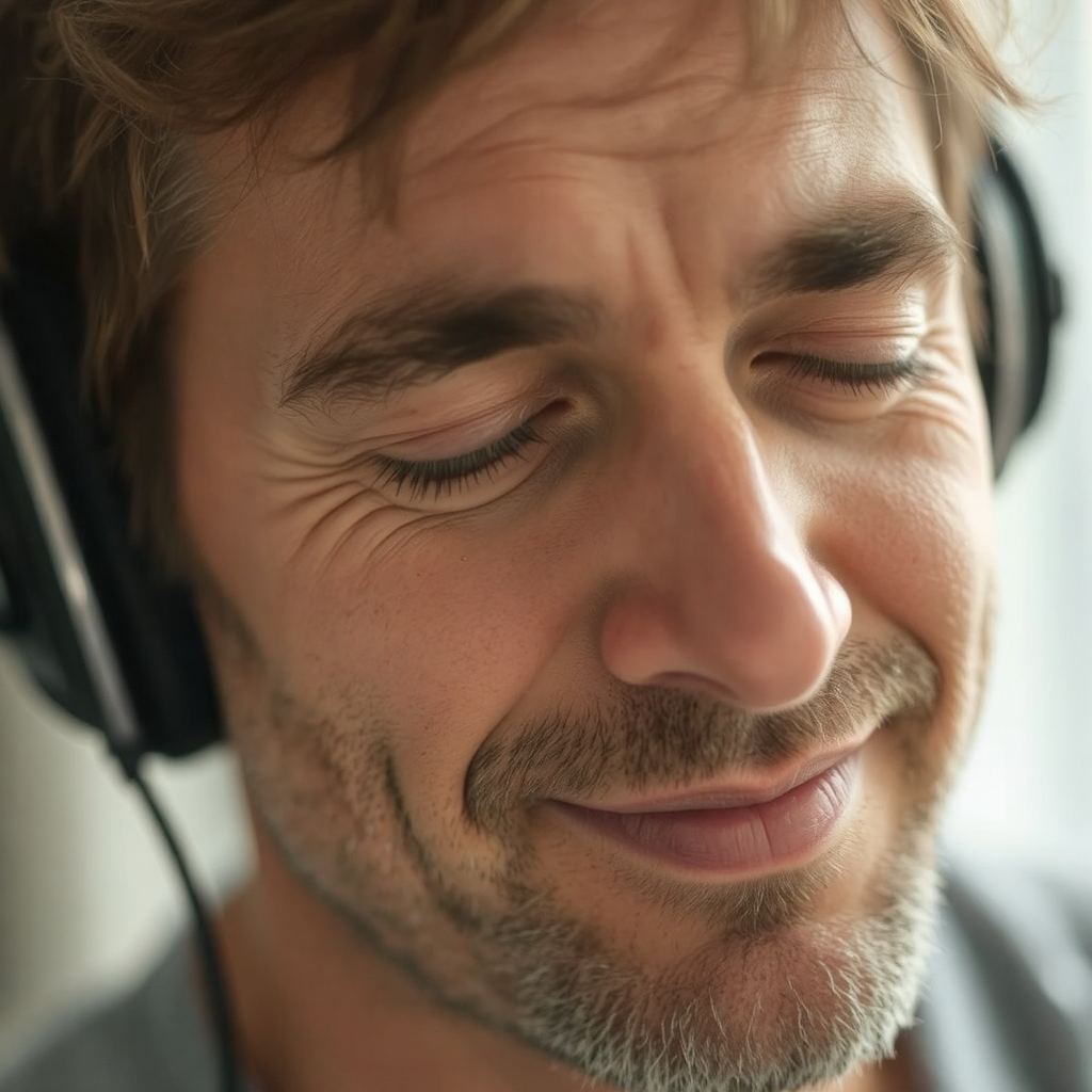 A gentleman in his early fifties displays a gentle smile with his eyes closed, adorned with a set of headphones.