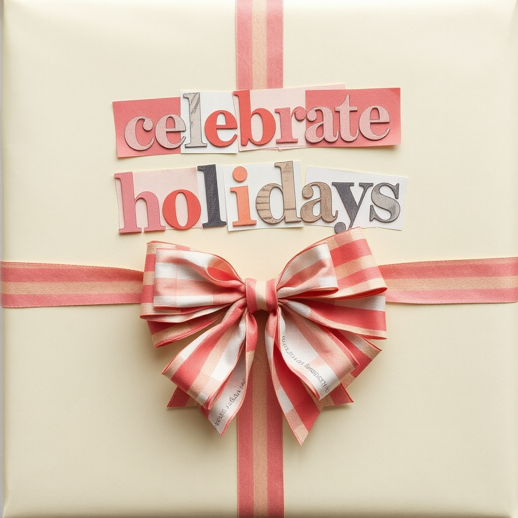 A beige paper-wrapped present is adorned with magazine cutouts in muted and brown hues, featuring the phrase "celebrate holidays." A pink and pale orange ribbon completes the look.