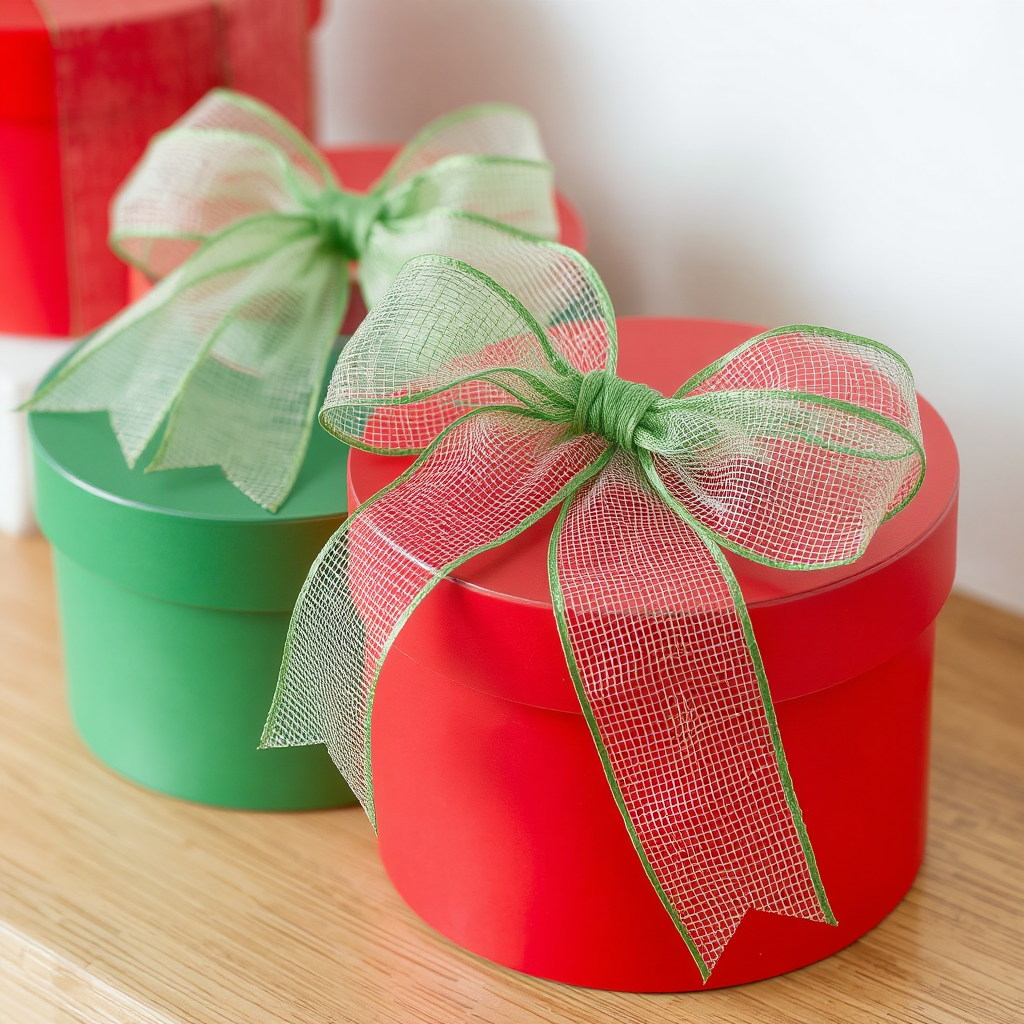 Red and green hatboxes, adorned with mesh ribbons in matching red and green colors, are neatly situated on a light oak table against a white wall.