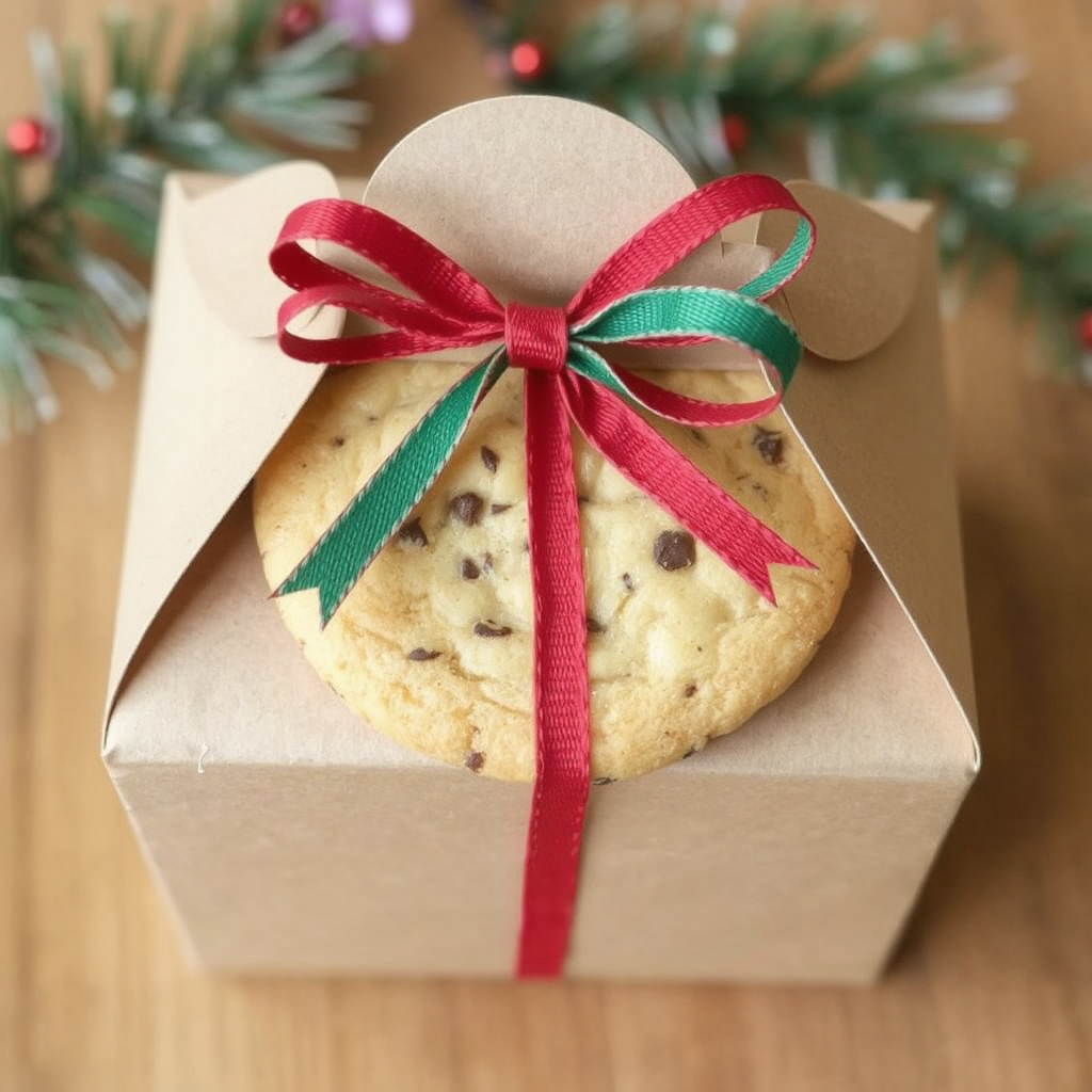 A brown paper takeaway box with red and green ribbon is presented with a chocolate chip affixed to the top. In the background, blurred foliage with red berries is visible.