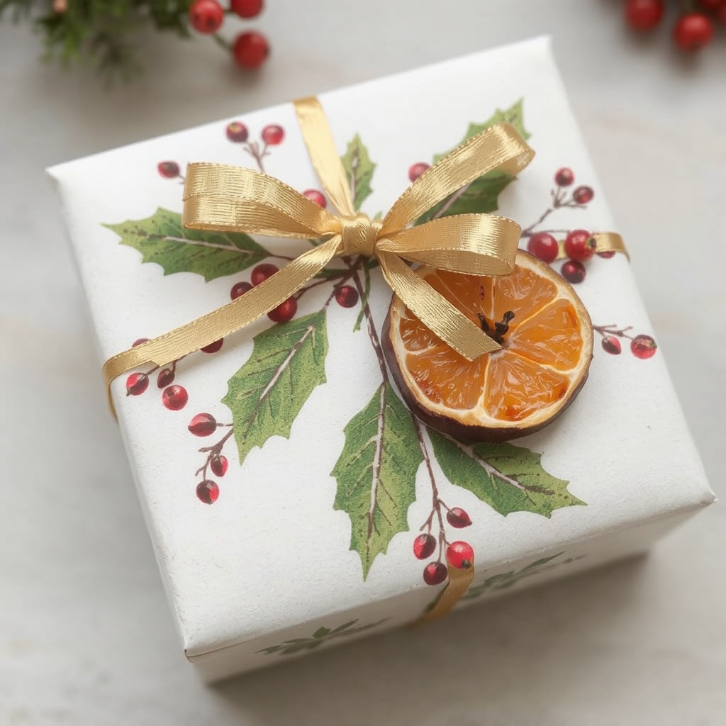 A square gift box, wrapped in plain white paper, is adorned with a colorful stencil of a holly berry branch beneath a gold ribbon. A dried blood orange slice is tied the bow.