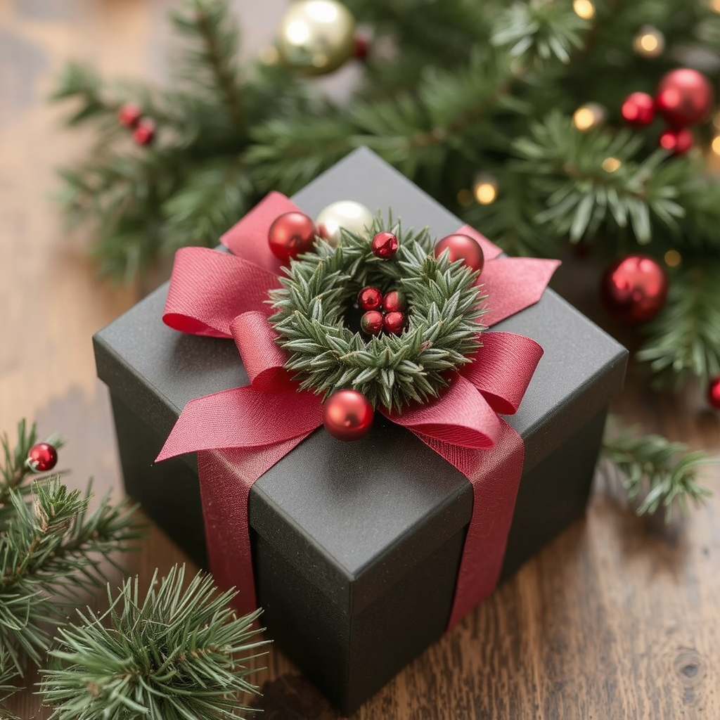 A dark forest green box with a removable lid is ties closed with a thick wide bright red ribbob into a wide bow on top of the box. in the middle of the bow sits a miniature green wreath enhanced with tiny red Christmas bulbs around  and in the middle of the wreath. The item sits atop a brown wooden tabletop and several greenery branches and ornaments can be seen in the backdrop.