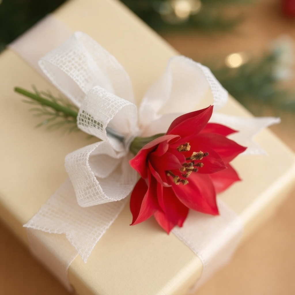 An ivory bow is tied with a mesh-like ribbon and adorned with red stemmed poinsettia tied into the bow. The backdrop is blurred but is of the table the gift sits upon.