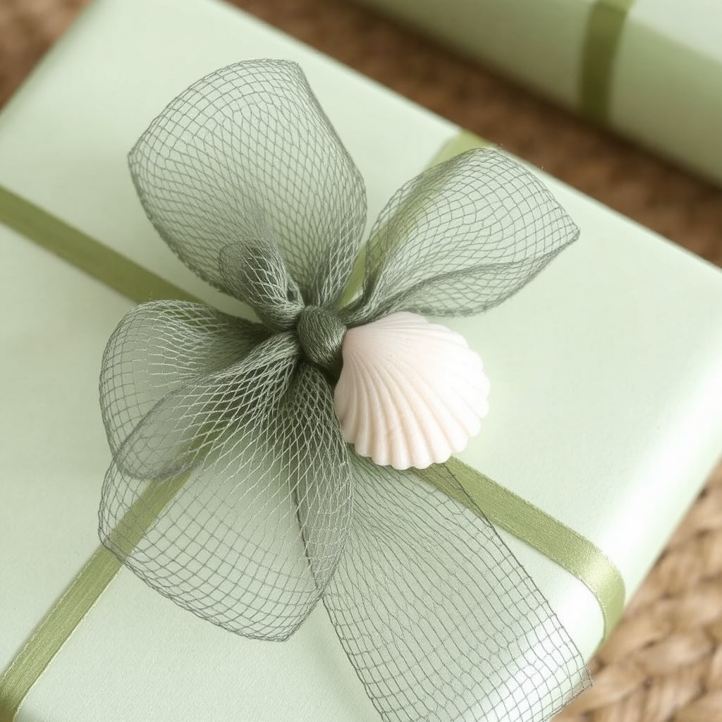 A pale green gift is wrapped with an olive-green mesh ribbon, adorned with a small ivory shell affixed to the bow.